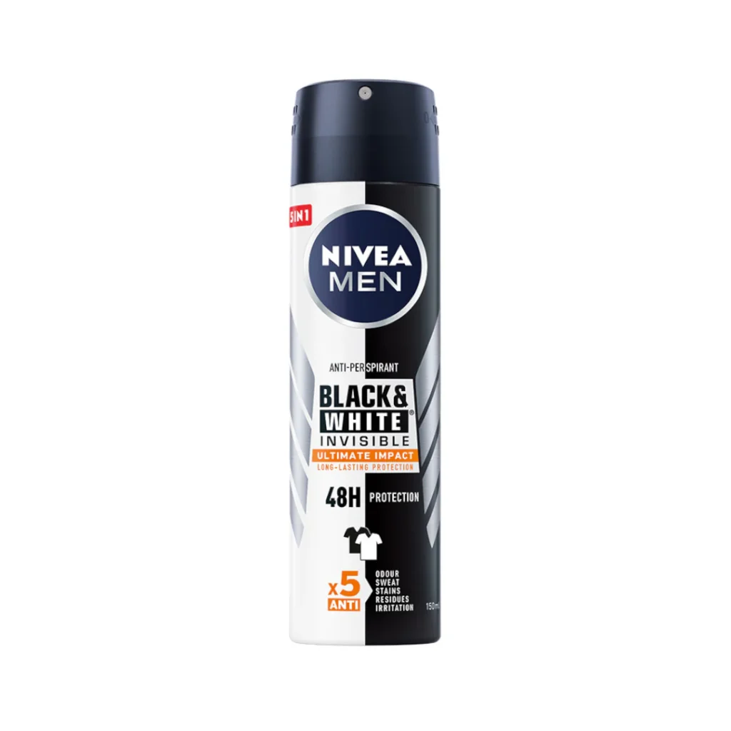 Nivea Men Black & White 5in1 Invisible Ultimate Impact + Long-lasting 48H Anti-Perspirant Spray – 150ml