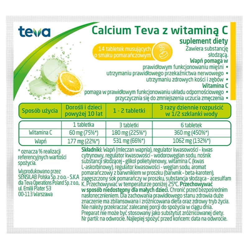 Calcium Teva z Witaminą C – Powerful Bone, Muscle & Immune Support – 14 Tabletek Musujących